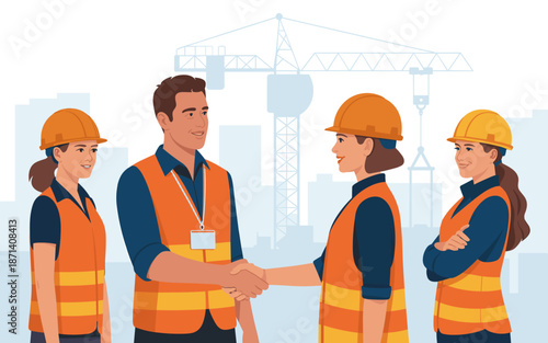 Construction workers shaking hands on building site deal agreement with crane in background professional engineers architects collaborating on project teamwork partnership for real estate development