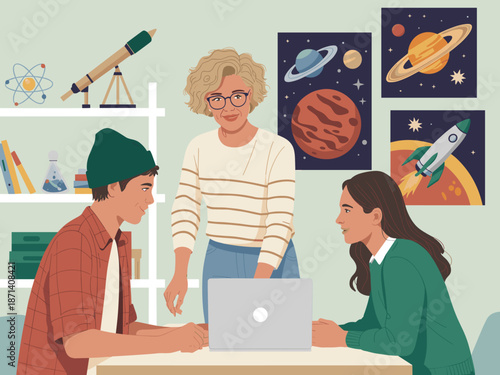 Diverse students learning with teacher using laptop in classroom setting for education science project collaboration studying astronomy and space with telescope planets posters for school presentation
