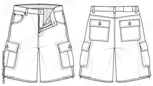 Denim Cargo Shorts Fashion Sketch: Front and Back View for Apparel Design, Technical Drawing, Clothing Pattern Making, Garment Illustration, Urban Style, Streetwear Fashion Project.