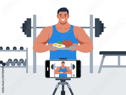 Athletic man filming healthy meal in gym for fitness channel professional bodybuilder recording video of protein rich food steak and eggs for online diet plan workout motivation healthy lifestyle well