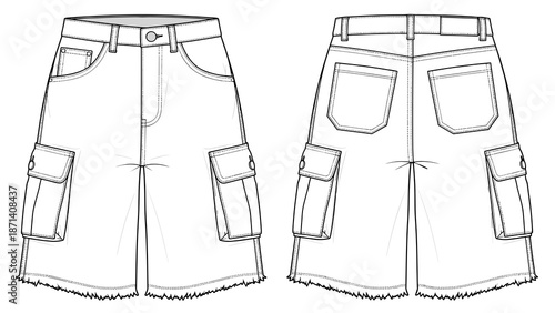 Denim Cargo Shorts Fashion Technical Drawing Demonstrates Clothing Design Details, Including Pockets, Stitching, and Frayed Hems, Ideal for Fashion Illustration, Design, or Pattern.
