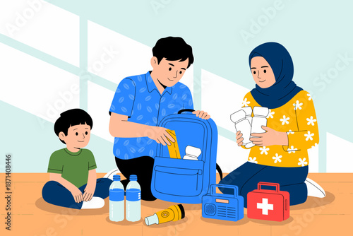 Family Prepares Emergency Go Bag with Supplies for Natural Disaster Preparedness and Evacuation Plan in Home Setting Illustration Featuring Muslim Mother Son and Father Packing Backpack with First Aid