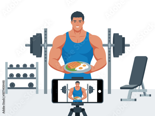 Muscular fitness man holding healthy meal plate in gym recording video for social media channel strong athlete with bodybuilding equipment promoting nutrition tips for diet plan and workout routine in
