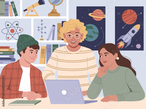 Diverse students studying science together on laptop in classroom with books telescope and globe colorful illustration for education learning teamwork collaboration project presentation academic resea