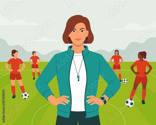 Confident female soccer coach overseeing team training on green field professional sports coaching empowering women in sports leadership strategic planning competitive team building athletic developme