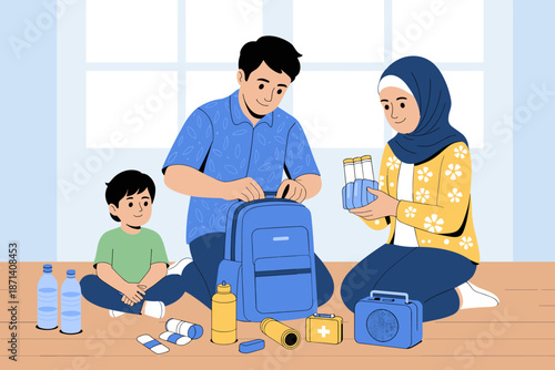 Muslim family preparing emergency backpack disaster preparedness kit with water food first aid flashlight radio for earthquake hurricane flood survival planning disaster relief preparedness education