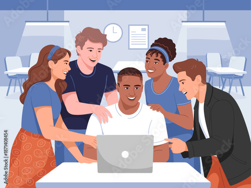 Diverse young professionals collaborating on laptop in modern office cheerful multiethnic team brainstorming ideas together for startup project teamwork communication in creative workspace for busines