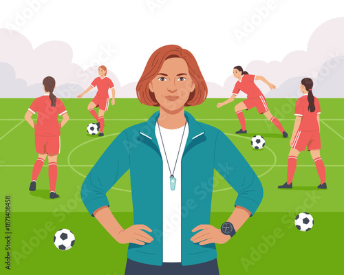 Confident female soccer coach overseeing team practice on green field with soccer balls strategic sports training session for youth athletes professional coaching development and teamwork in school il