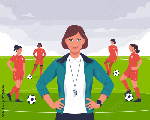 Confident female soccer coach overseeing team practice on green field professional woman coaching young athletes training outdoors for competitive match sports leadership and teamwork in youth athleti
