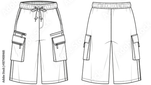 Technical flat sketch illustration of casual cargo shorts with drawstring waist featuring a relaxed fit, practical pockets, and modern design for fashion apparel and sportswear des.