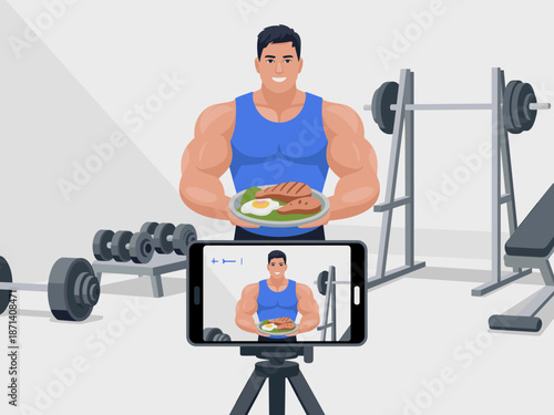 Athletic muscular man holding healthy protein meal in gym recording fitness video for social media channel strong bodybuilder influencer creating content for online followers health and wellness lifes