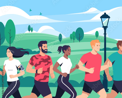 Diverse group of people jogging together in park landscape illustration healthy lifestyle fitness running exercise concept active men and women training for marathon outdoor recreation wellness for sp