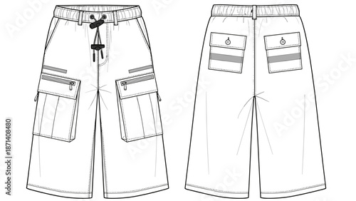 Fashionable technical drawing of men's cargo shorts showcasing front and back design with details like pockets, zippers, and drawstring waist for garment design, fashion illustrati.