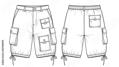 Fashionable Cargo Shorts Technical Drawing for Apparel Design and Fashion Industry Mockups Featuring Front and Back Views, Perfect for Tailoring, Patterns and Garment Design with T.