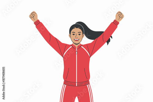 Enthusiastic sporty woman athlete celebrating success with arms raised in victory pose happy girl in red sport suit winning competition fitness lifestyle wellness concept for motivational presentation