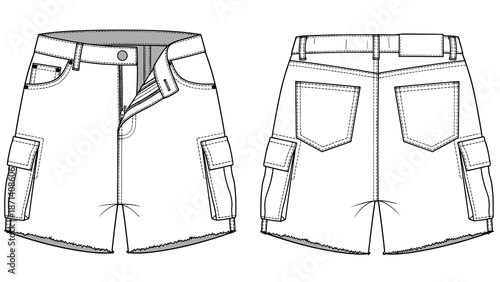 Fashionable denim cargo shorts technical drawing showcases modern women's apparel with patch pockets and frayed hem, ideal for summer style, clothing design presentation and garmen.