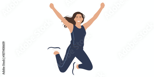 Happy fit woman jumping for joy in athletic sportswear active lifestyle fitness success concept cheerful smiling female celebrating health and wellness goals exercise routine workout motivation for sp