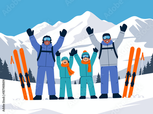 Happy family enjoying ski vacation in snowy mountains winter landscape excited father mother and children skiers raising arms in joy together outdoors active lifestyle travel recreation adventure conc
