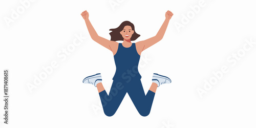 Enthusiastic woman jumping celebrating success achievement goals in active sportswear fitness happy lifestyle healthy energetic woman full body illustration for wellness programs sports advertising mo