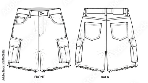 Denim Cargo Shorts Fashion Technical Drawing Templates showcase front and back views, essential for garment design, offering detailed sketches ideal for pattern making, illustratio.