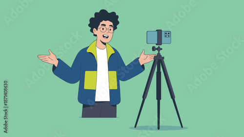 Young man vlogging with smartphone on tripod for social media content creation online streaming modern influencer creating video tutorial for marketing or advertising professional communication techno