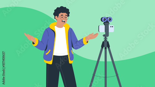 Enthusiastic young man presenting to smartphone camera on tripod for social media channel modern content creator influencer streaming online video tutorial for digital marketing or educational video i