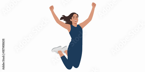 Excited sporty woman jumping with joy celebrating fitness success happy young adult female athlete in sportswear expressing energy and motivation for healthy lifestyle wellness programs and gym workou
