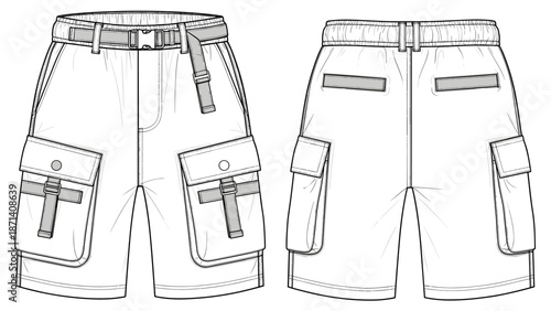 Technical flat sketch of cargo shorts showcasing the front and back views with pockets, belt loops, and adjustable belt; designed for fashion, activewear, and casual style illustra.