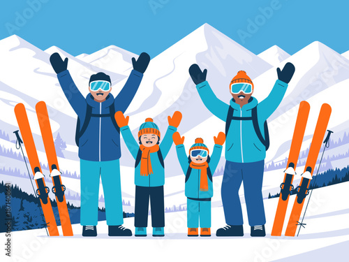 Cheerful family enjoying winter ski vacation in snow mountains happy diverse father and kids wearing ski gear having fun outdoors active lifestyle seasonal holiday illustration for travel and tourism