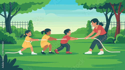 Enthusiastic children playing tug of war with adult instructor in vibrant outdoor park setting teamwork collaboration challenge strength determination concept for school activities summer camps childh