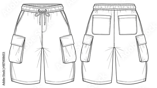 Technical sketch of loose-fitting cargo shorts, a fashion design template showing front and back views with patch pockets, perfect for apparel industry presentations and garment de.
