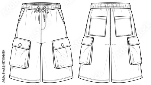 Fashionable technical drawing of men's cargo shorts with pockets showcases streetwear style for apparel design and garment construction, suitable for fashion illustration, pattern.