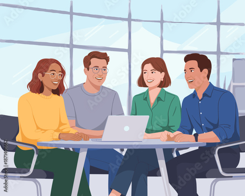 Diverse professional business team having online video conference meeting using laptop computer in modern office workspace happy employees collaboration teamwork concept for corporate training present