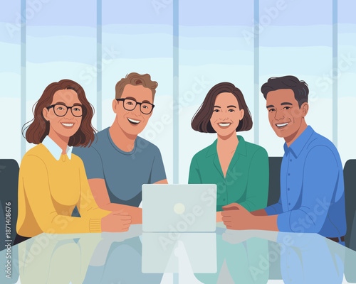 Diverse business team working together on laptop computer in modern office workspace professional corporate employees collaboration teamwork brainstorming meeting illustration for company success inno