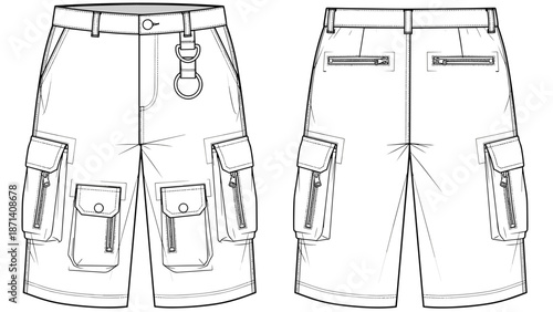 Technical flat sketch of cargo shorts showcasing front and back views in technical drawings for fashion design, garment industry pattern making, and apparel product development, em.