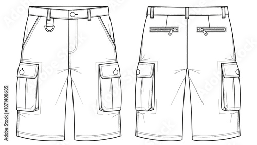 Cargo Shorts Technical Drawing Demonstrates Fashion Design: Detailed line art illustrates these utility shorts with multiple pockets, perfect for creating modern apparel designs.