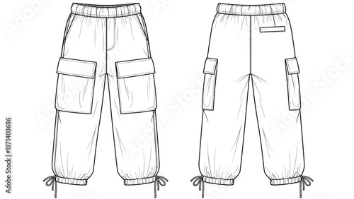 Fashionable jogger pants line drawing for fashion design, apparel creation, and technical sketches displaying detailed features, pockets, cuffs, and style aesthetics for clothing i.