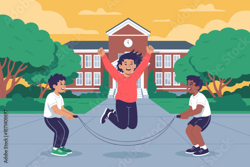 Cheerful school children jumping rope together outside school building happy smiling kids enjoying fun recess activity elementary education learning environment for website graphics and back to school