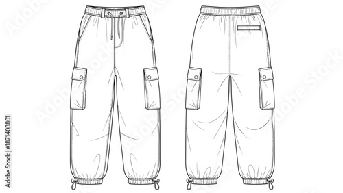 Detailed technical fashion drawing of trendy cargo pants showcasing garment construction, silhouette, and style for design, merchandising, and creative reference in fashion industr.