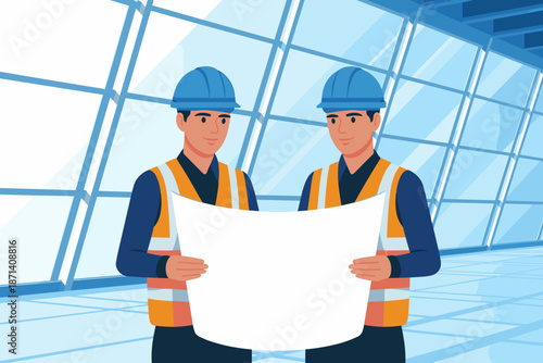 Two construction workers reviewing blueprint plans at modern building site engineering project structural design professional teamwork collaboration architecture and building industry planning and dev