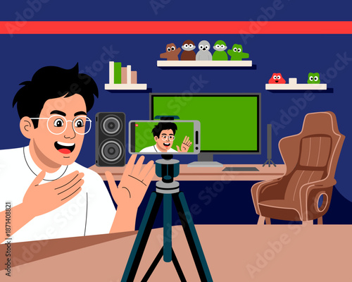 Enthusiastic young man live streaming with phone in modern home studio recording video blog content for social media channel influencer creating online presentation or webinar in vibrant workspace for