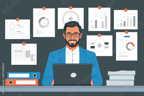 Bearded businessman working on laptop computer in modern office analyzing charts and graphs pinned to wall professional corporate employee character illustration for business strategy data analysis pr