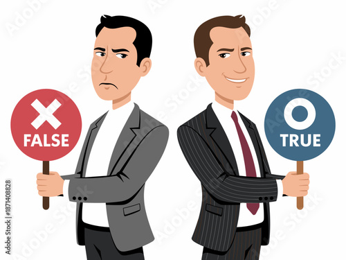 Cartoon businessmen holding true false signs making decision on strategy corporate dilemma comparing options facing challenge of right or wrong choice business illustration for presentation marketing