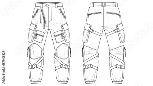 Detailed Techwear Cargo Pants Fashion Flat Sketch Depicts Modern Utility Clothing Design for Men's Apparel, Showcasing Multiple Pockets, Straps, Buckles, and Zippers in Technical S.
