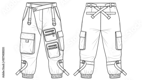 Fashionable Cargo Pants Technical Drawing Showcasing Front and Back Views with Straps and Pockets for Apparel Design, Casual Style, and Modern Clothing Illustration Project with Ga.