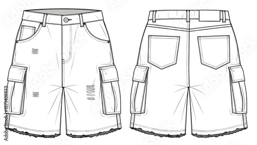 Denim Cargo Shorts Fashion Flat Sketch Illustration: These trendy, distressed jean shorts show front and back technical designs for apparel and garment industry uses, perfect for f.