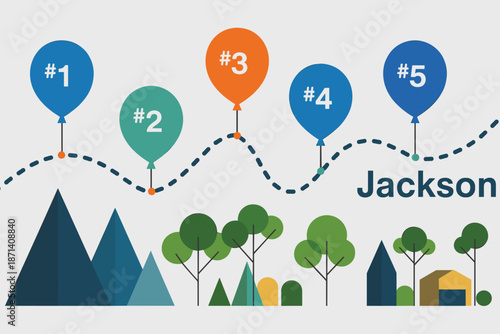 Numbered balloon infographic showing business growth and success over time in a mountain and tree landscape for corporate presentation data analysis website banner financial report and marketing mater