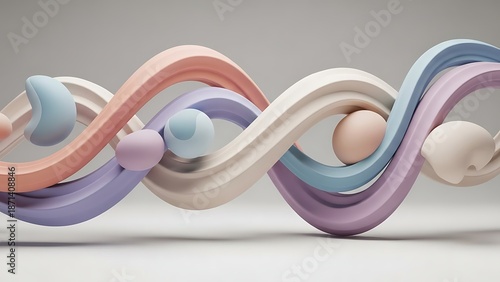 A 3D rendering of abstract shapes intertwining with spheres in pastel colors on a gray background