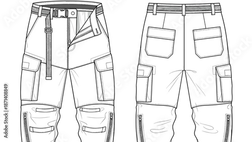 Detailed Technical Drawing of Cargo Pants Design for Apparel Industry Fashion Illustration: A Front and Back View of Versatile Clothing with Pockets and Zipper Accents on Durable F.