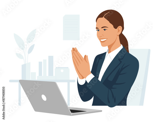 Smiling businesswoman clapping hands in appreciation at laptop in minimalist office successful employee receiving praise for project achievements professional recognition for corporate teamwork and po